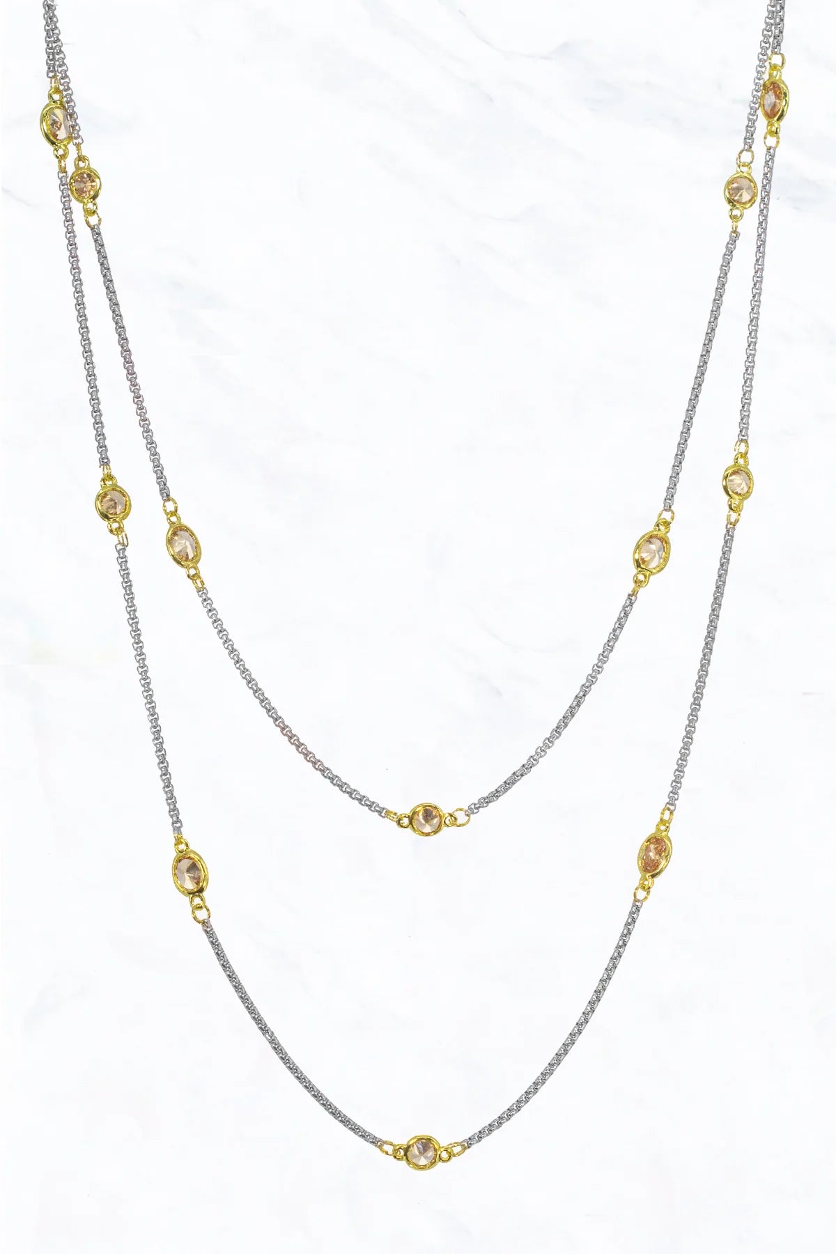 1 Strand, Two Tone, Cubic Zirconia Station Necklace