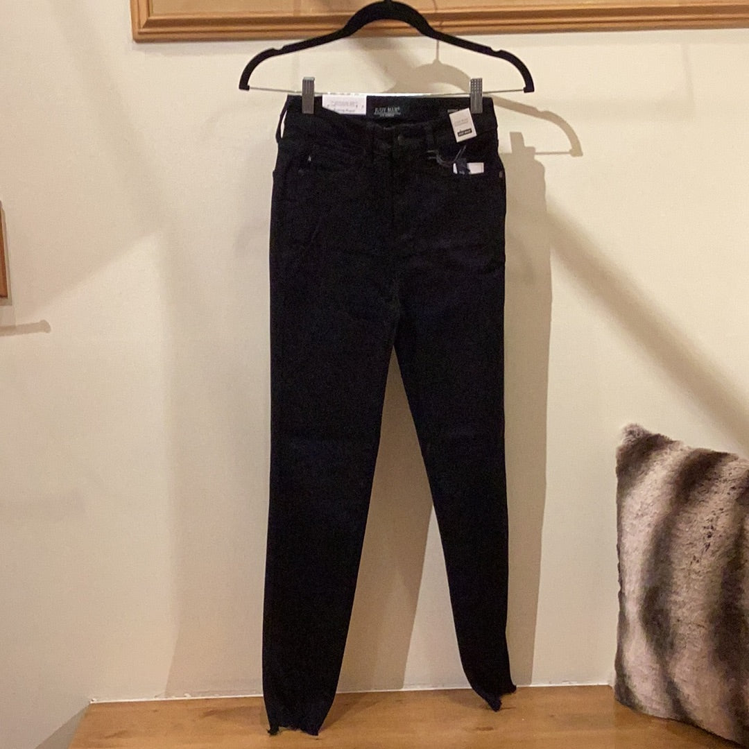 Judy Blue HIGH WAIST BLACK SHARK BITE HEM TUMMY CONTROL SKINNY