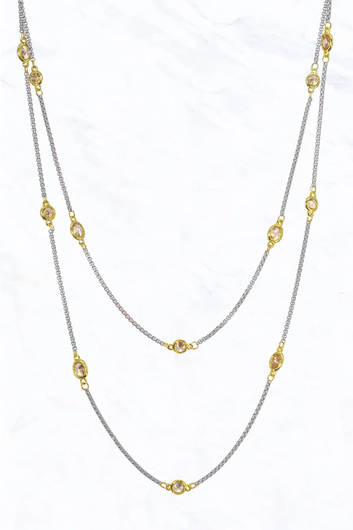 1 Strand, Two Tone, Cubic Zirconia Station Necklace