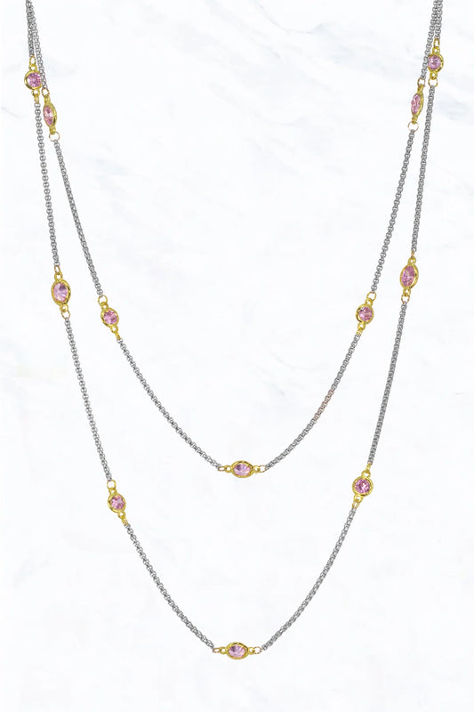 1 Strand, Two Tone, Cubic Zirconia Station Necklace