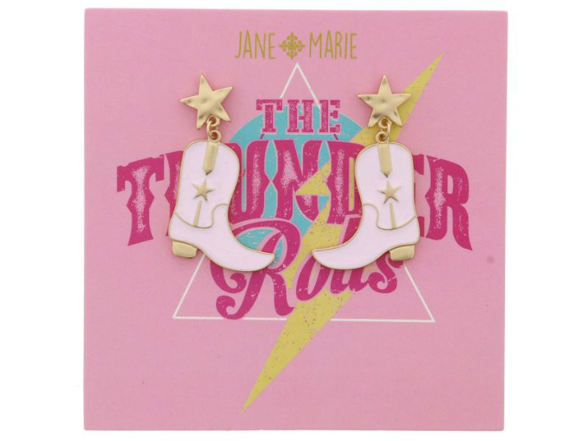 Jane Marie Gold Star Post with Light Pink Enamel Cowgirl Boots Earrings