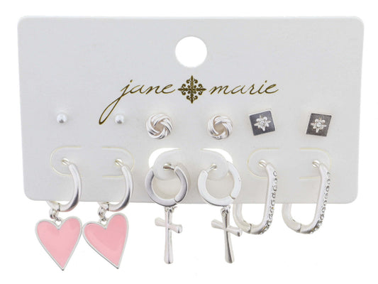 JANE MARIE 3 STUD AND 3 HOOPS, LIGHT PINK HEART EARRINGS