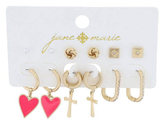 JANE MARIE 3 STUD AND 3 HOOPS, HOT PINK HEART EARRINGS