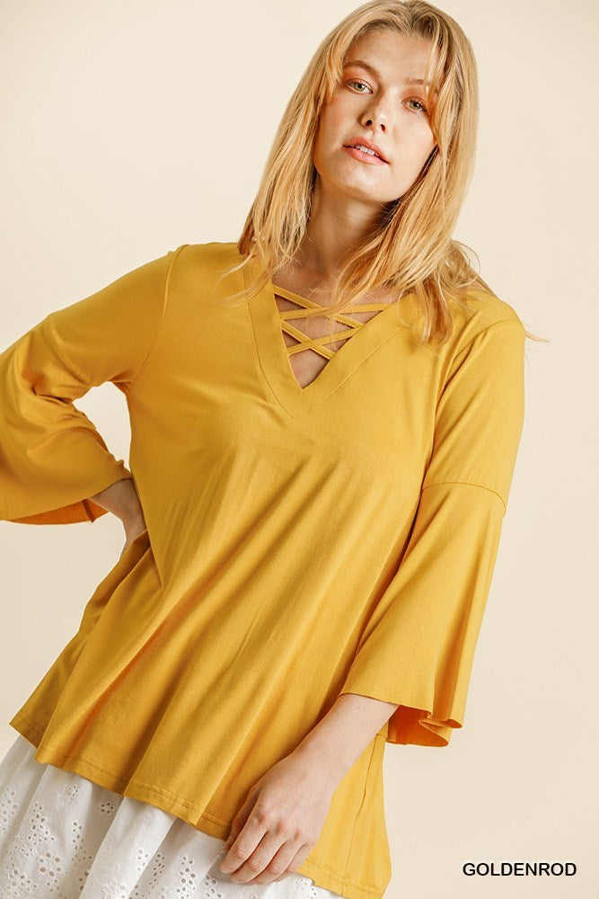 Criss Cross Detail V-Neck 3/4 Bell Sleeve Top