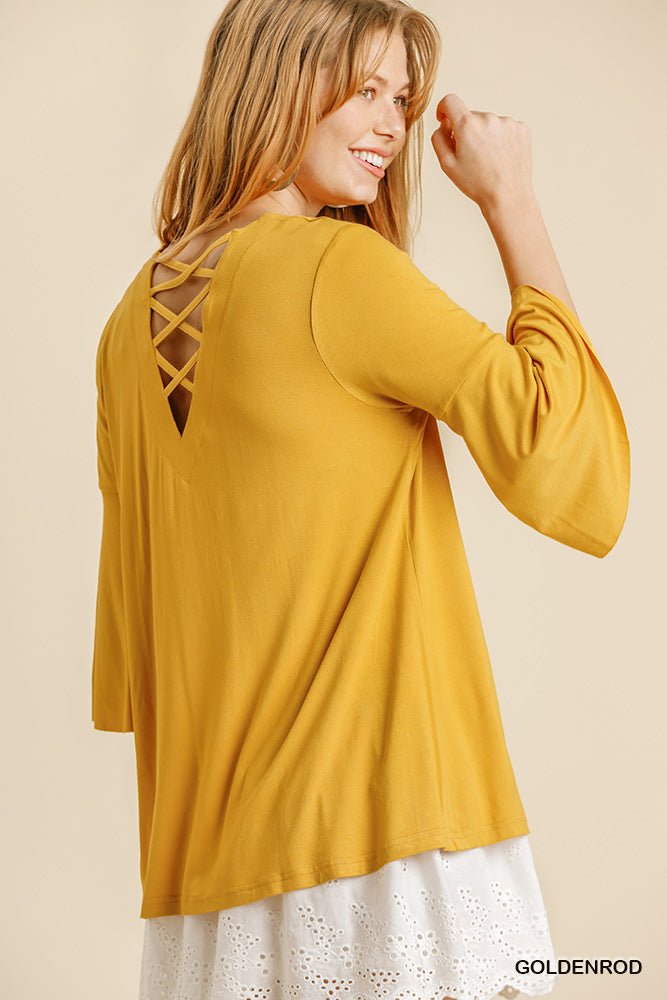 Criss Cross Detail V-Neck 3/4 Bell Sleeve Top