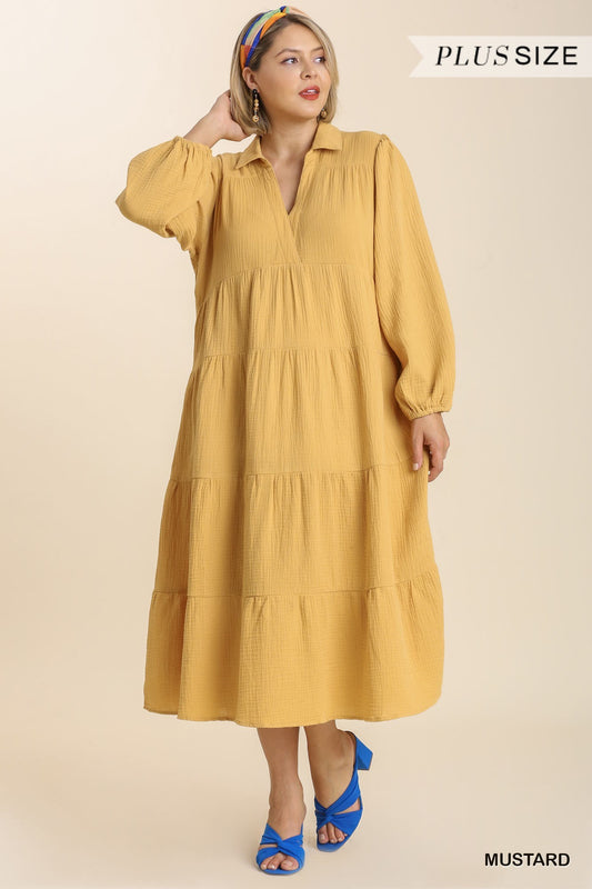 Gauze Long Sleeve Collar Split Neck Tiered Maxi Dress