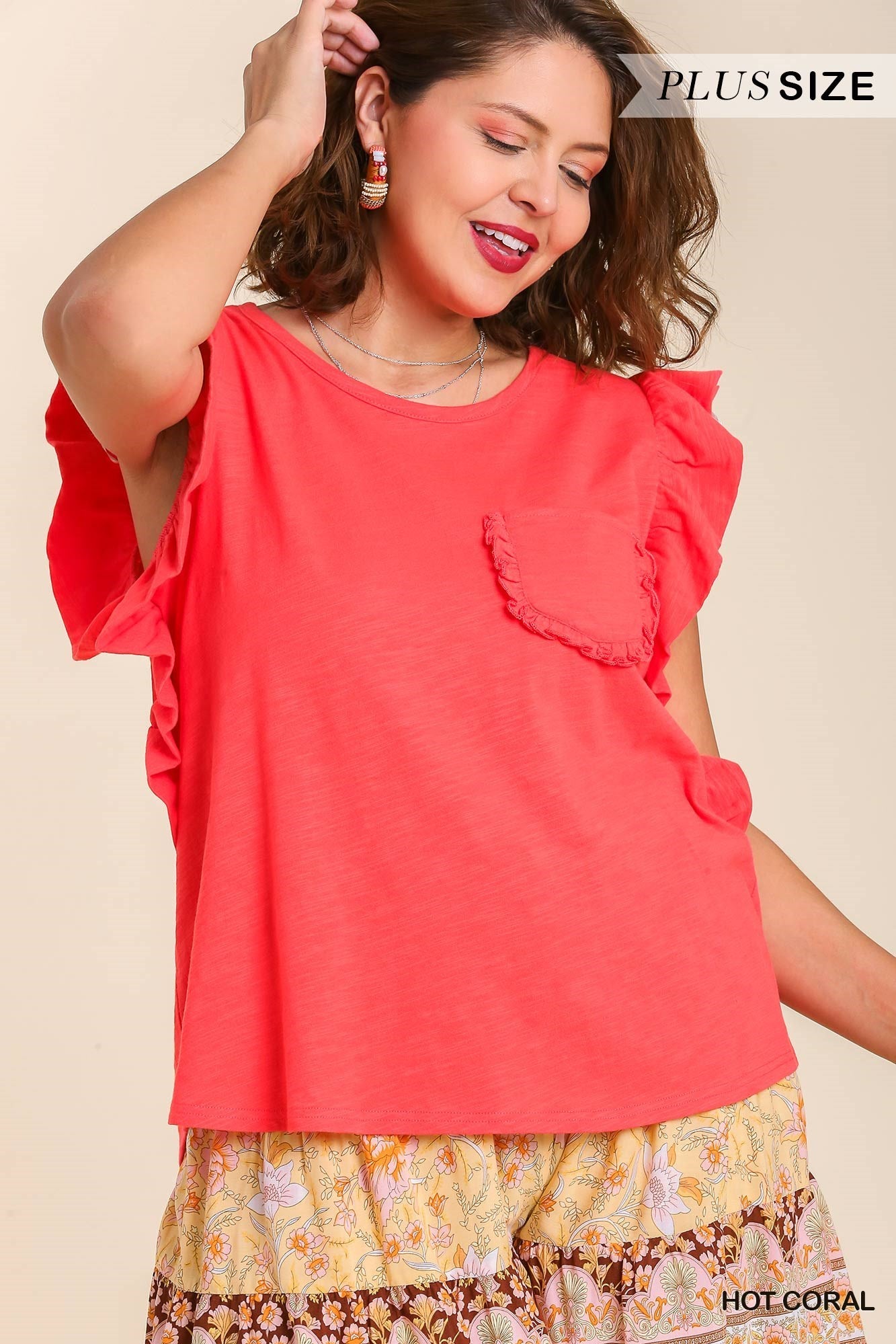 Flutter Sleeve Round Neck Tee with Ruffle Hem Chest Pocket