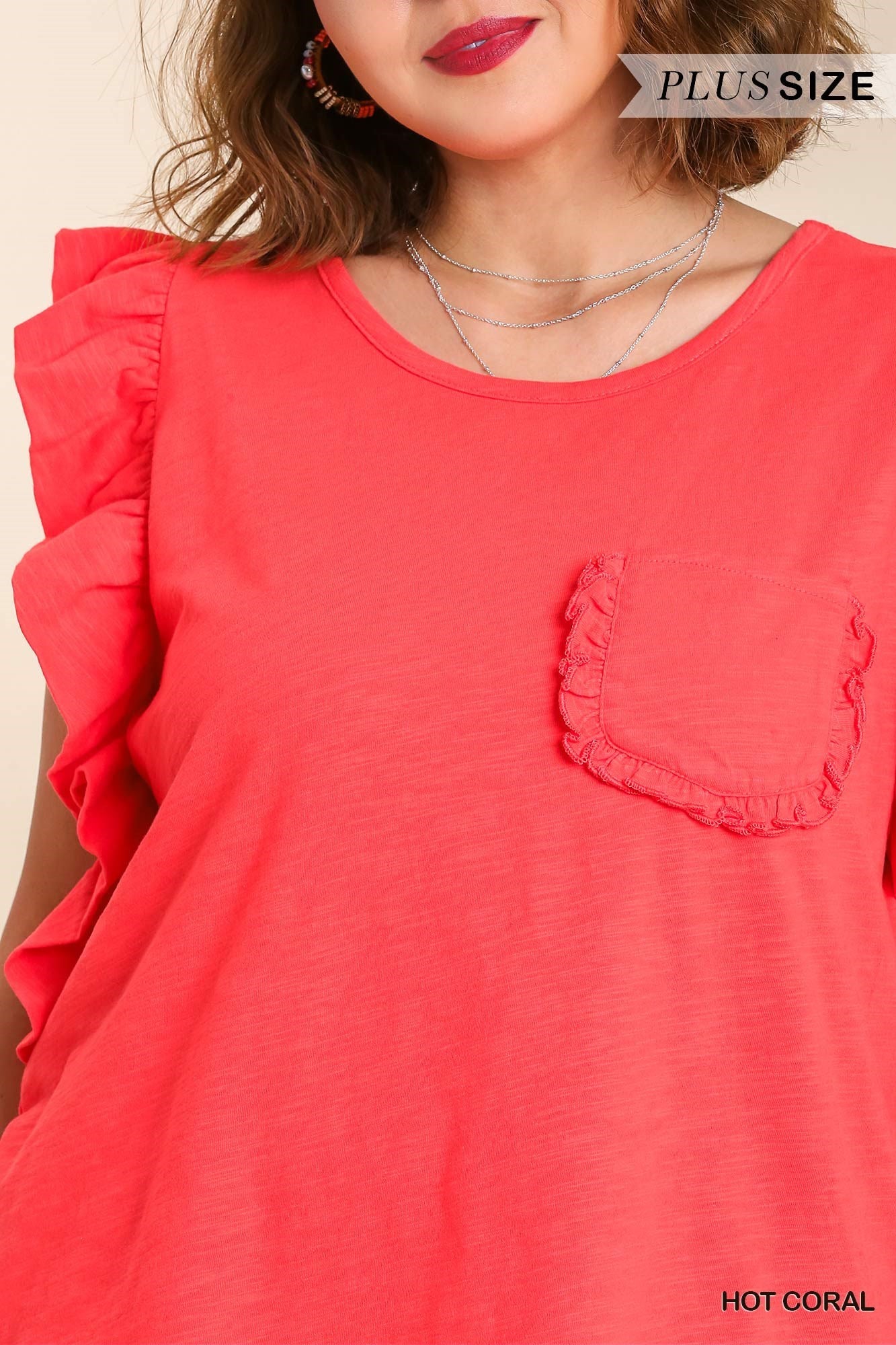 Flutter Sleeve Round Neck Tee with Ruffle Hem Chest Pocket