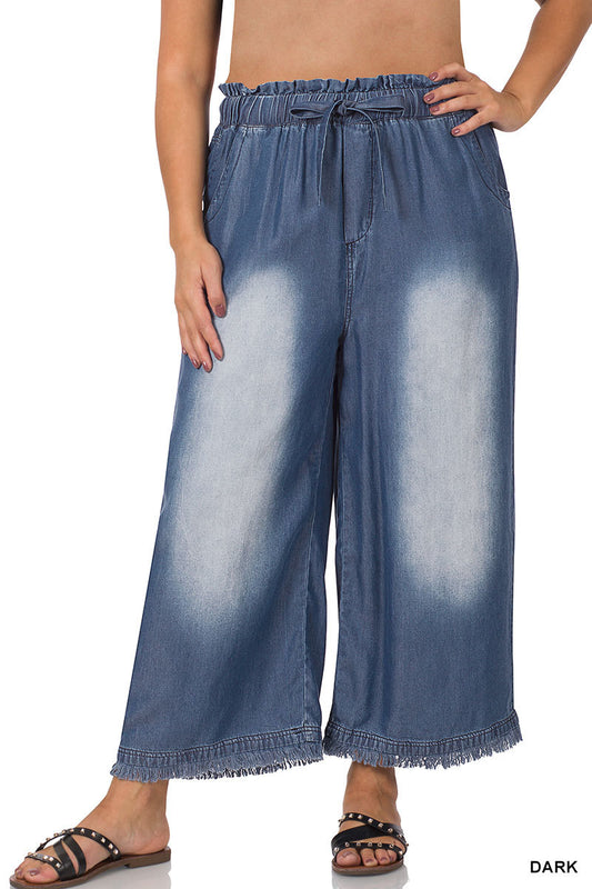 PLUS CHAMBRAY PAPERBAG WAIST WIDE LEG CROP PANTS