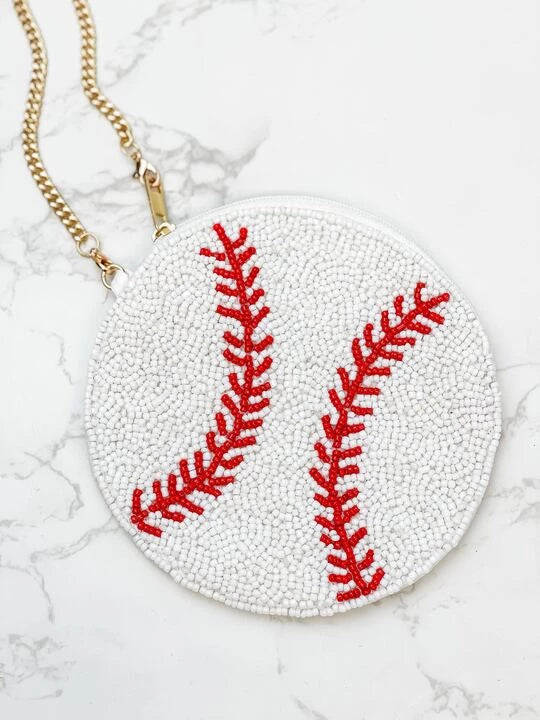 Beaded Baseball Zip Pouch with Chain Baseball Wristlet