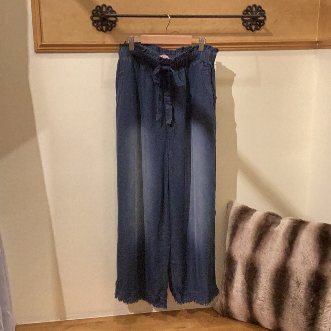 PLUS CHAMBRAY PAPERBAG WAIST WIDE LEG CROP PANTS